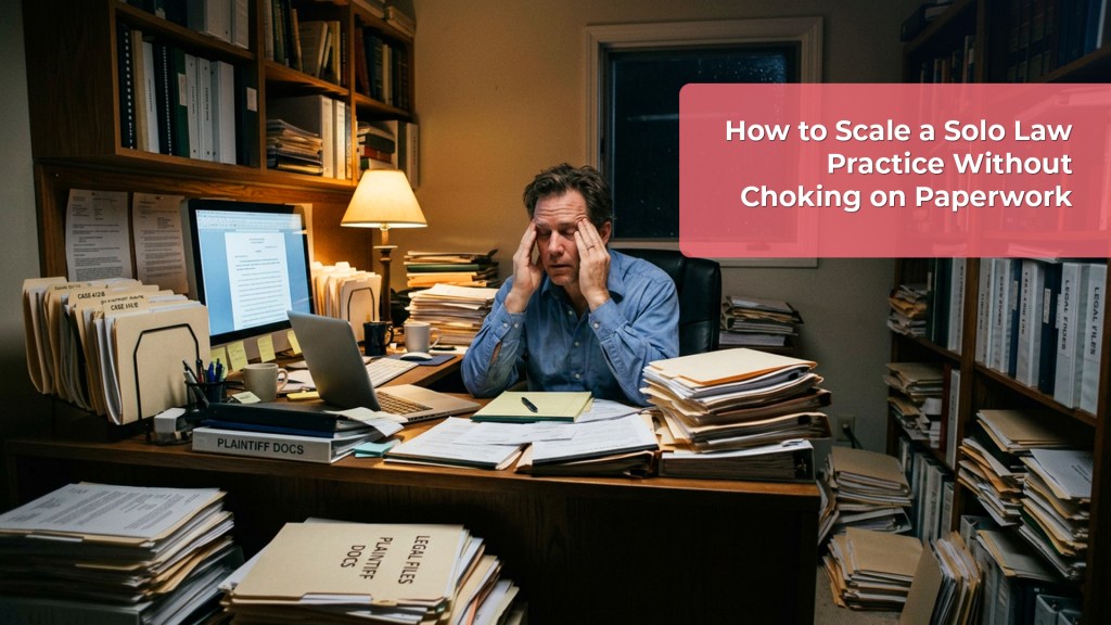 Solo attorney managing paperwork in a home office while scaling a law practice through delegation