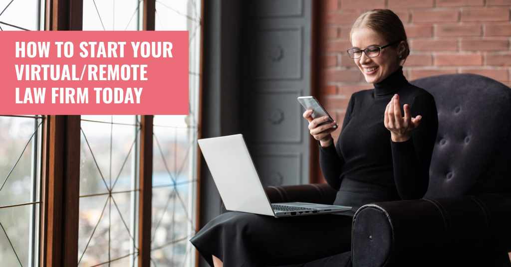 Attorney working from home office launching a virtual law firm with laptop and remote legal team support