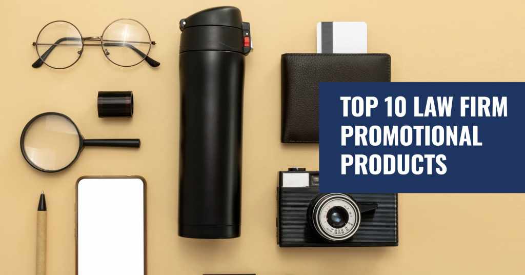 Top 10 law firm promotional products, including executive pens, tech organizers, RFID wallets, and branded travel mugs for attorney marketing in 2026