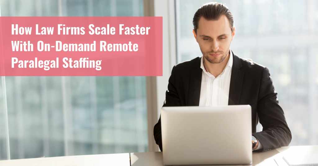 Attorney at desk with laptop, Remote paralegal support helping immigration attorney manage caseload.