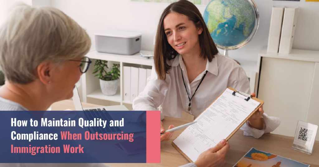 Immigration attorney reviewing documents with a client while discussing outsourced case preparation and compliance processes.