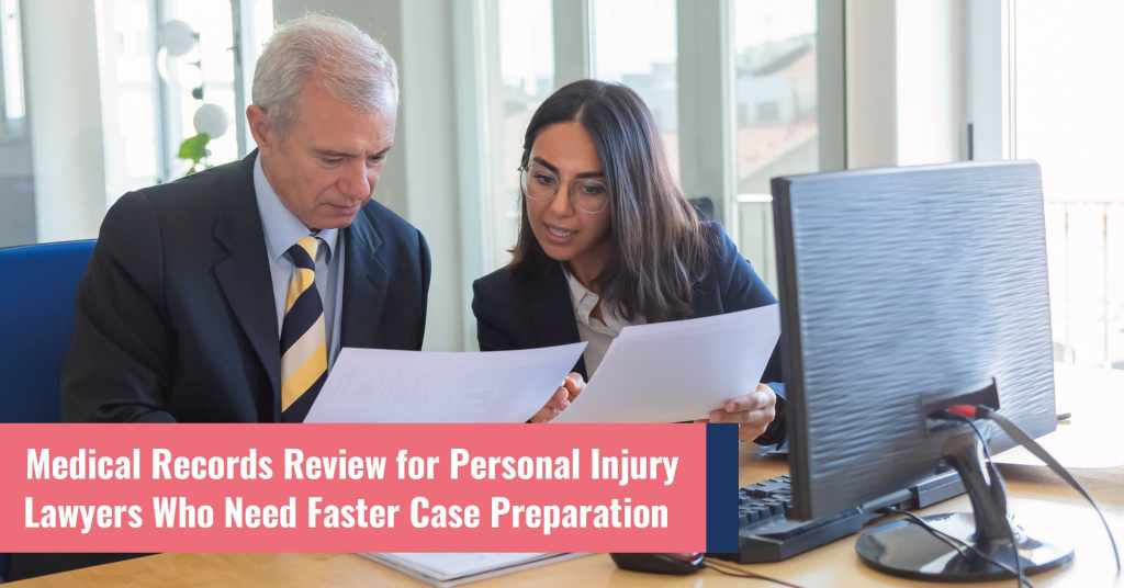 Personal injury lawyer reviewing organized medical records and case files for faster legal case preparation