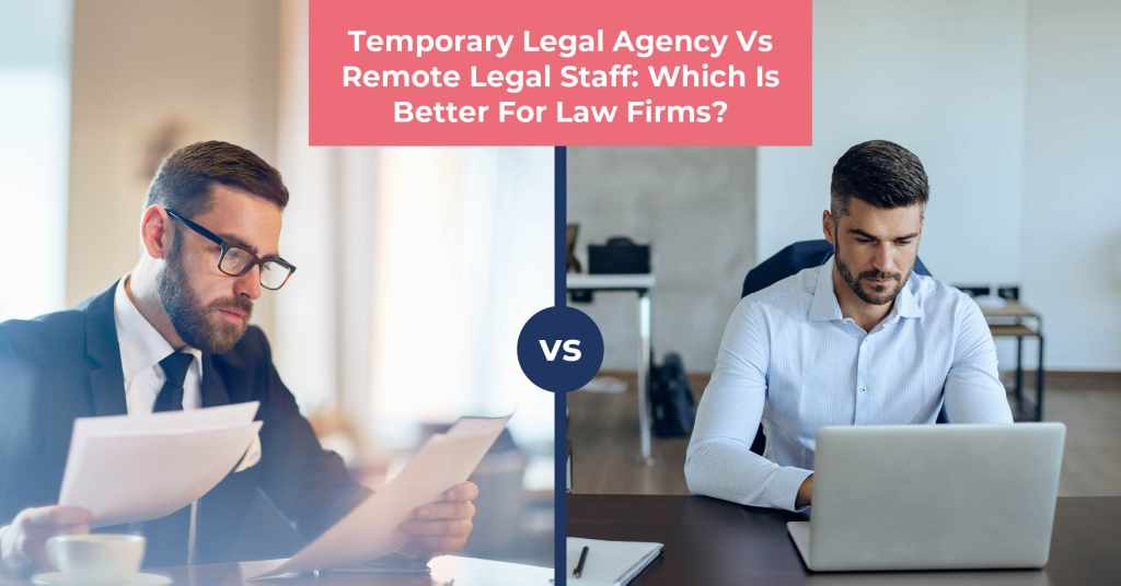 A lawyer at a law company looks over case papers while a remote legal assistant takes care of administrative work on a laptop.
