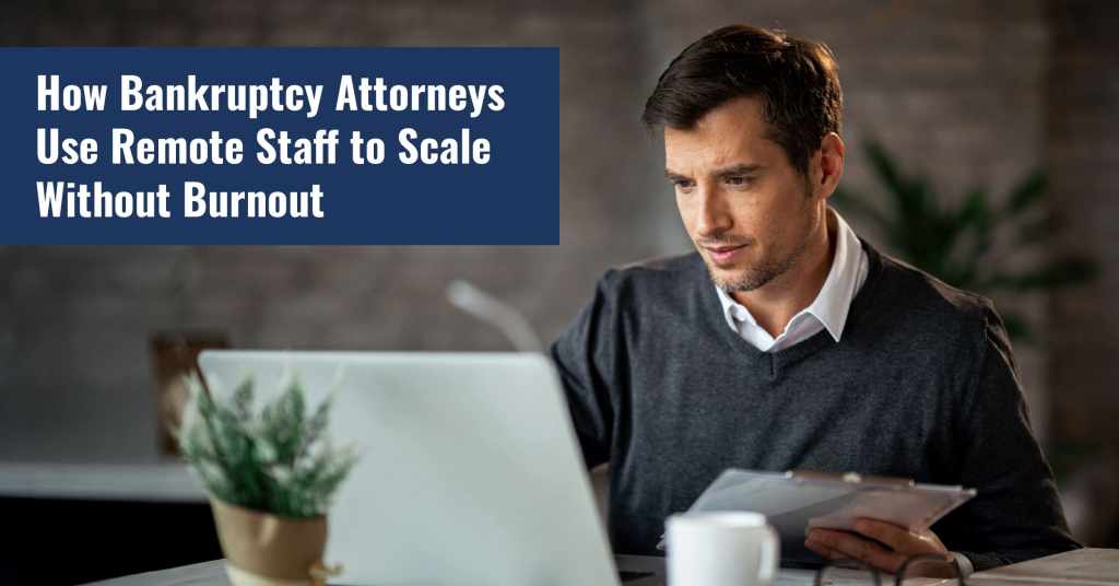 Bankruptcy attorney examining case files with remote legal staff to ease burden and increase efficiency
