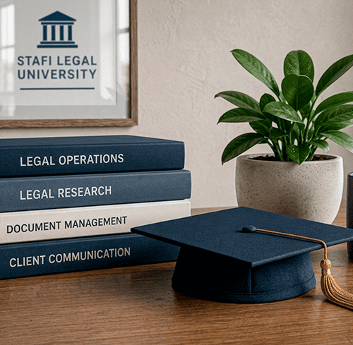 Stafi Legal University workspace featuring legal operations books, graduation cap, office plant, and branded coffee mug in a modern professional learning environment