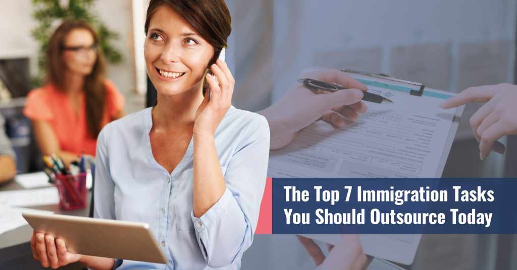 Smiling professional woman on the phone holding a tablet, representing outsourced immigration paralegal support for law firms