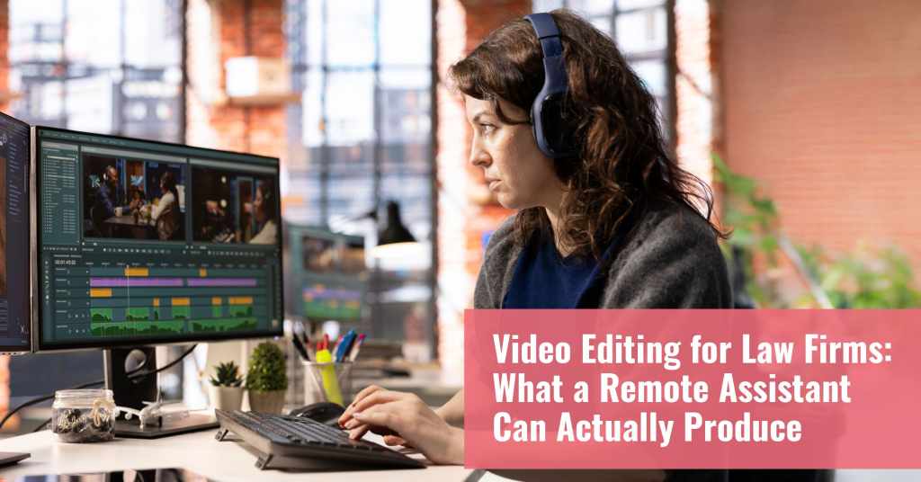 Remote assistant editing professional video content for a law firm, creating legal marketing videos, social media clips, and branded attorney content.